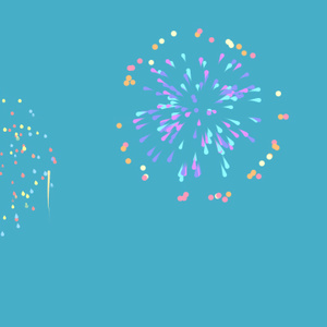 【動画素材】カラフルでかわいい打ち上げ花火のアニメーション【ライトブルー背景】[Stock Video] Cute Colorful Fireworks Animation on Light Blue Background, Loop