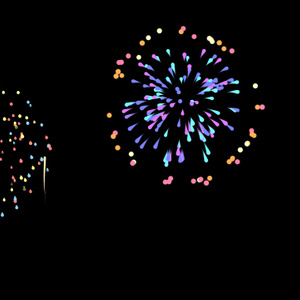 【動画素材】カラフルでかわいい打ち上げ花火のアニメーション【黒背景】[Stock Video] Cute Colorful Fireworks Animation on Black Background, Loop
