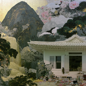 A fantastical landscape painting of a golden waterfall and white cranes | Oriental fantasy wallpaper...