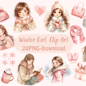 Winter Girl Pastel Clip Art｜20 PNGセット（水彩ふんわり冬ガール）