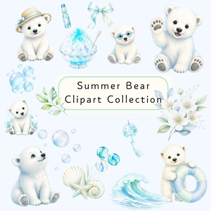 Summer Bear Clipart Collection｜夏のシロクマ クリップアート素材 32点｜PNG