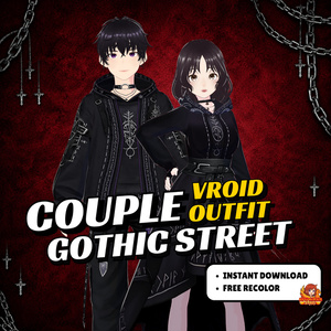 VRoid Gothic Street Couple Outfit | Dark Hoodie Couple Clothes | Gothic VTuber Fashion | 3D Custom Outfit for Anime Avatar
