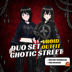 VRoid Gothic Street Couple Outfit | Gothic Duo Clothing | Dark Cross Hoodie | Alternative Streetwear | VTuber Fashion | 3D Custom Outfit