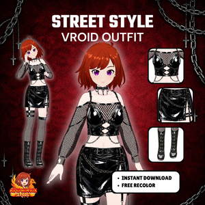 Clothes Gothic Streetwear VRoid Outfit | Punk Leather Skirt Set, Fishnet (Digital Download)