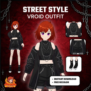 VRoid Gothic Streetwear Outfit | Dark Bat Motif VTuber Fashion (Digital Download)