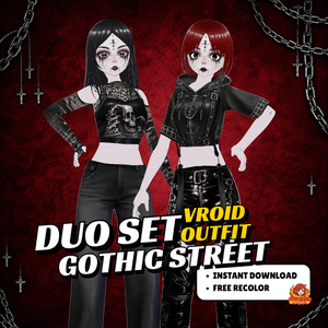 VRoid ゴシック・デュオ・アウトフィット｜ダークストリートウェア お揃いセット｜女性VTuber衣装｜アニメアバター向け3Dカスタム｜VRChat・VRM用衣装