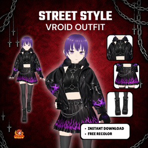 **VRoid ゴシック・フレイム衣装｜VTuber向けパンク・ストリートウェア｜ジャケット＆チェーンスカートセット｜デジタルダウンロード**