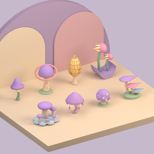 【Unity・3Dキノコ素材】パステルきのこ8種セット｜星降るキノコ庭