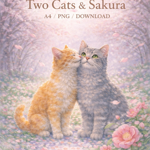Two Cats & Flowers – Commercial Use OK | Elegant A4 PNG Illustration Download
