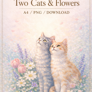 Two Cats & Flowers – Commercial Use License Included (A4 PNG Illustration Download)