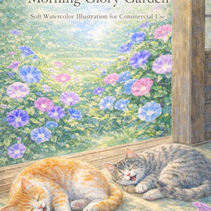Two Sleeping Cats & Morning Glory Garden – Commercial Use Illustration (A4 PNG Download)