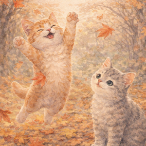 【Commercial Use】Two Cats & Autumn Leaves　Size: A4 (2480 × 3508 px) Format: PNG Resolution: 300 dpi