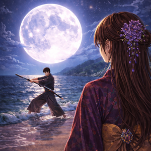 Samurai Night – Moonlit Shore Illustration