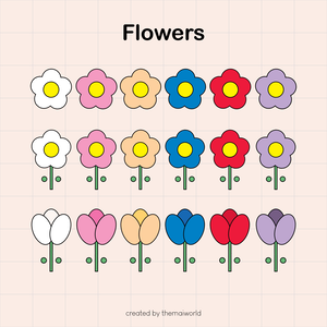 【Flowers Clipart Set】レトロポップなお花クリップアート素材15点セット｜RGB 1080×1080 PNG｜商用利用可