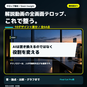【Final Cut Pro】解説動画の全画面テロップ 10デザイン＋アイコン18図柄／全64点｜Simiri Insight