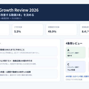 YouTube Growth Review 2026｜CSVから「次の改善3つ」を決める動画分析ツール