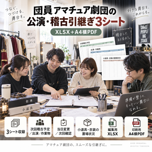 団員アマチュア劇団の公演・稽古引継ぎ3シート｜XLSX＋A4横PDF