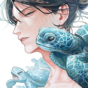 【非独占ライセンス】ウミガメと青年｜一枚絵・商用利用可