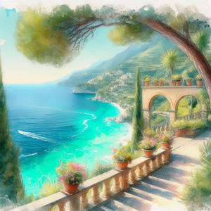 【イラスト素材】テラスから見える海の景色