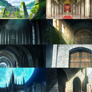 【背景素材8枚】ファンタジー城塞背景集｜王宮・城門・地下牢・廃教会・山の社跡