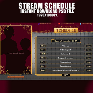 Royal Design Stream Schedule Template for Streamers and Vtubers, Red スケジュール レイアウト