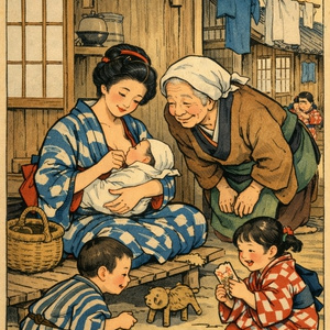 우키요에풍.가족의 사계.