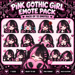 ピンク×ブラック ゴス系ちびキャラ 配信スタンプ＆バッジ12種セット｜Twitch・YouTube・Discord対応 / Pink Gothic Chibi Emotes
