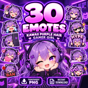 【30個セット】紫髪の猫耳ゲーマー女子 配信素材・Twitchスタンプ・Discord絵文字 | 30 Cute Purple Hair Gamer Girl Emotes