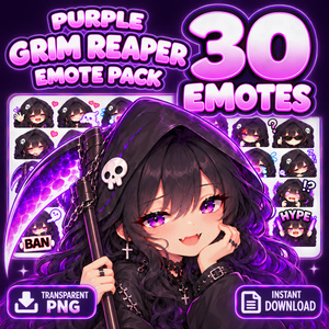 【配信素材】紫髪のかわいい死神少女スタンプ30個｜Twitch・YouTube・Discord絵文字 | 30 Cute Purple Grim Reaper Girl Emotes
