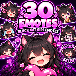 黒猫ガール配信スタンプ30点セット｜Black Cat Girl Emotes, 30 Kawaii Anime PNGs