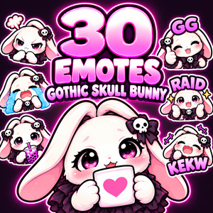 【30種】ゴシックなスカルうさぎのTwitchスタンプ・Discord絵文字｜ダークかわいい配信素材、YouTubeメンバーシップ絵文字にも｜Gothic Skull Bunny Emotes