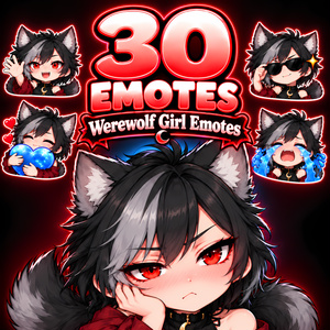 人狼少女エモート30種｜狼耳のちびキャラ・アニメ風Twitchスタンプ、Discord・YouTube絵文字 配信素材 | Werewolf Girl Emotes, 30 Chibi Anime PNGs