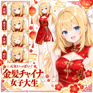 【立ち絵素材71】元気いっぱい！金髪チャイナ女子大生