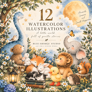 COZY ANIMAL STORIES｜水彩どうぶつイラスト 12枚セット