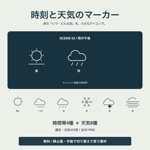 【無料】時刻と天気のマーカー｜10モチーフ・2色・20 PNG