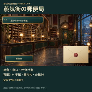 蒸気街の郵便局｜背景3枚＋手紙・案内札・台紙24点｜全27 PNG