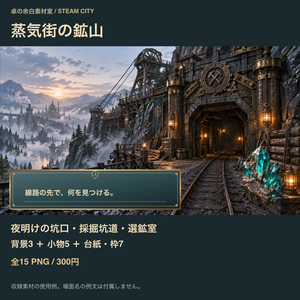 蒸気街の鉱山｜背景3枚＋採掘小物・台紙12点｜全15 PNG
