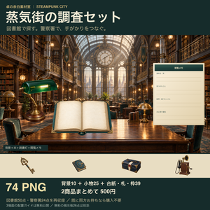 蒸気街の調査セット｜図書館・警察署｜背景10枚＋小物25点＋台紙39点・全74 PNG