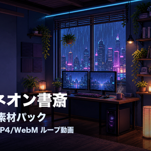 【配信用背景】雨夜のネオン書斎｜VTuber/OBS向け背景素材＋ループ動画