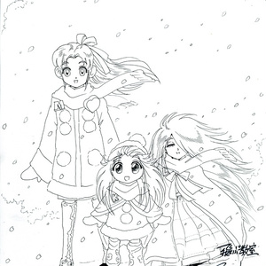 ペン画　「満開の桜の下で。左からみつ子、カオル、レナ」　H041