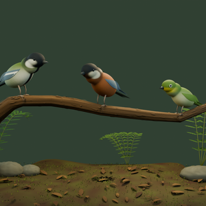 登山道の小さな出会い｜野鳥3種・しぐさ付き3D素材【Blender / GLB】