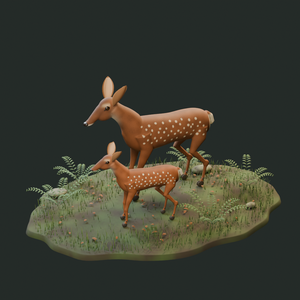 木漏れ日の親子｜母ジカと子ジカ・しぐさ付き3D素材【Blender / GLB】