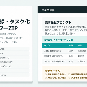 AI議事録・タスク化スターターZIP｜会議メモを決定事項・TODO・メール文へ整理