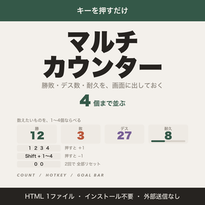 【OBS用】配信用マルチカウンター｜勝敗・デス数・耐久をキーで数える／目標バー付き【無料版あり】