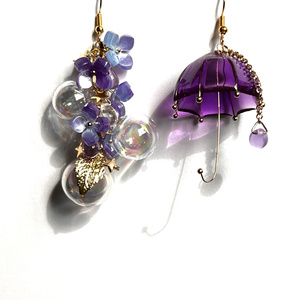 紫傘と紫陽花の和風ピアス　イヤリング 傘レジンとアジサイとシャボン玉