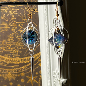 宇宙天球儀と三日月天球儀のスチームパンク ピアス　イヤリング★球体宇宙レジン　メンズアクセサリーにも★(シルバーテイストversion)
