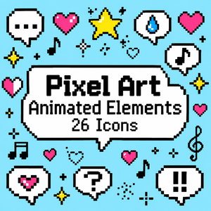 【MOV / AEP / MOGRT】8bitドット絵タッチのアニメーション素材 全26種セット｜背景透過MOV・After Effectsプロジェクト・Premiere Pro MOGRT