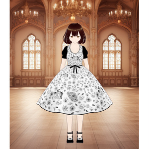 黒の花柄のモデルの白いドレス - White dress with black floral print