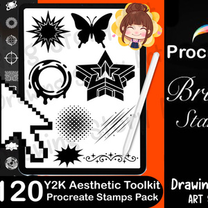 120 Procreate Y2K Shape Stamps – Retro Star, Bubble, Cyber Brushes (Digital Download)