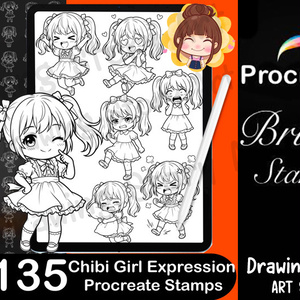 ミニキャラ女の子 表情スタンプ 135種セット (135 Chibi Girl Expression Stamps)